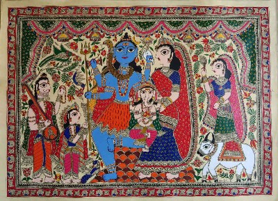 shiv-parvati-ganesh-Madhubani-Painting-Kiran-Devi-IG91-IndiGalleria