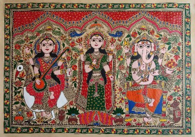 saraswati-laxmi-ganesh-Madhubani-Painting-Kiran-Devi-IG94-IndiGalleria