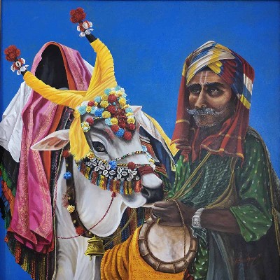 Nandi-with-Man-Acrylic-Painting-on-Canvas-Ghanshyam-Kashyap-IG1157-IndiGalleria