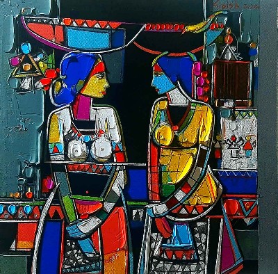 Two-Sisters-Acrylic-on-Canvas-Girish-Adannavar-IG194-IndiGalleria