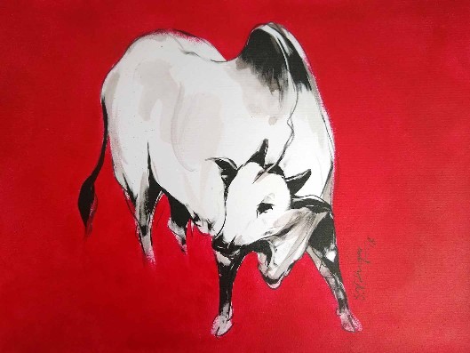 Bull-I-Mixed-Media-Painting-on-Paper-SV-Hugar-IG178-IndiGalleria