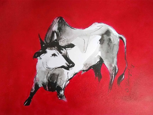 Bull-II-Mixed-Media-Painting-on-Paper-SV-Hugar-IG179-IndiGalleria