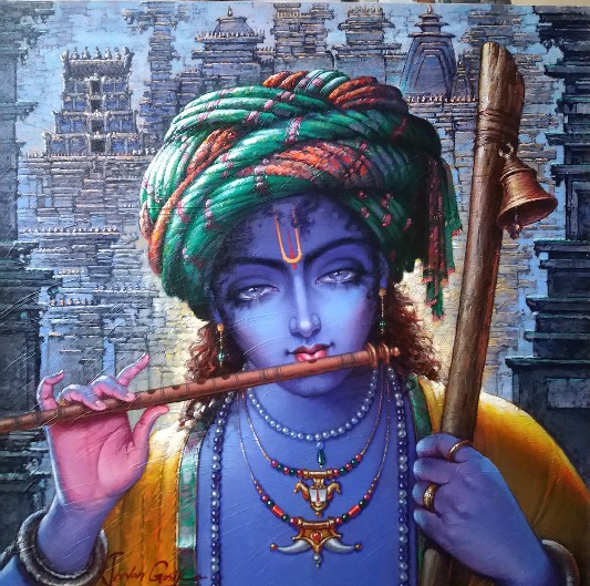 Krishna-Painting-Acrylic-on-Canvas-Jeevan-Gosika-IndiGalleria-IG1712
