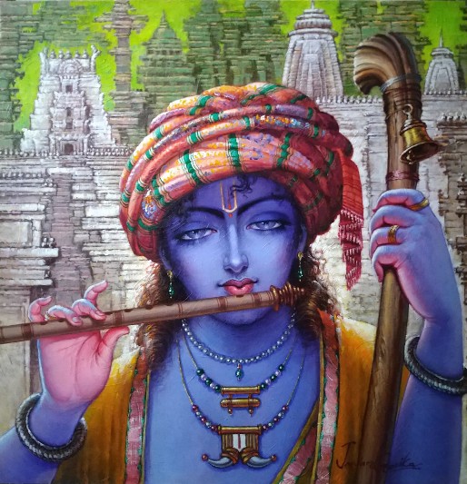 Krishna-Painting-Acrylic-on-Canvas-Jeevan-Gosika-IndiGalleria-IG1713