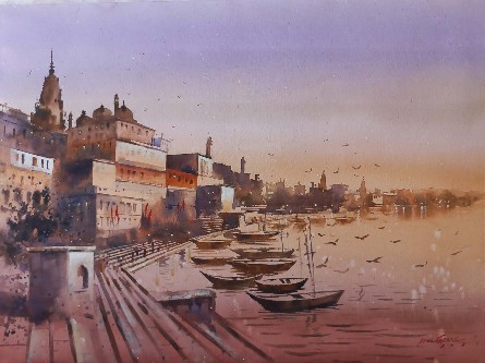 Banaras-Ghat-watercolour-Painting-Atul-Gendle-IndiGalleria-IG368