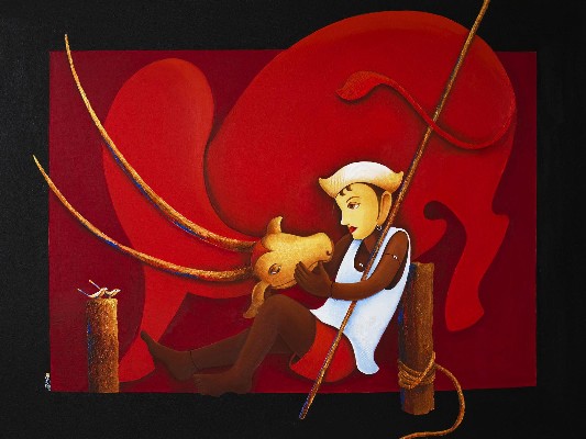 Man-with-bull-Painting-Chandrakant-Tajbije-IndiGalleria-IG1984