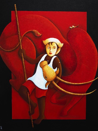 Man-with-bull-Painting-Chandrakant-Tajbije-IndiGalleria-IG1985