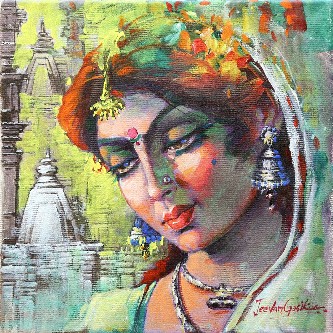 Indian-Woman-Painting-Acrylic-on-Canvas-Jeevan-Gosika-IndiGalleria-IG386