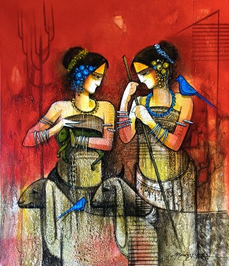 siters-and-goat-Acrylic-Painting-on-Canvas-Mahaling-Hosakoti-IndiGalleria-IG915