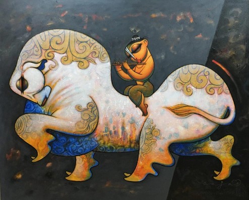 Krishna-with-Cow-Painting-on-Canvas-Ramesh-Gujar-IndiGalleria-IG2047