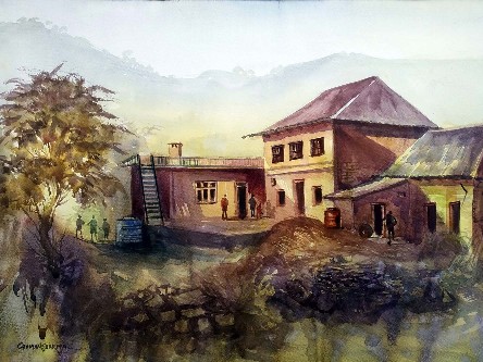 Golden-House-Watercolour-Painting-Chaman-Sharma-IndiGalleria-IG1756
