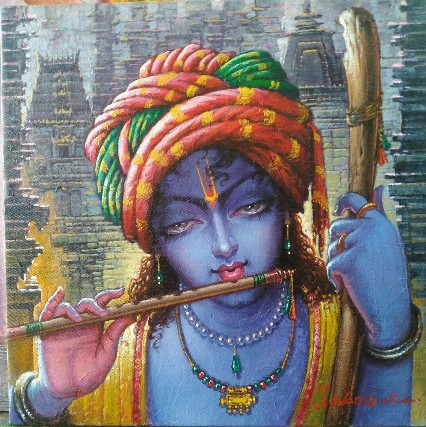 Krishna-Painting-Acrylic-on-Canvas-Jeevan-Gosika-IndiGalleria-IG653
