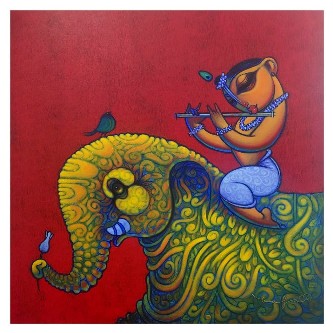 Krishna-with-Elephant-Painting-Ramesh-Gujar-IndiGalleria-IG2131
