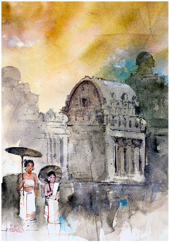 Mahabalipuram-12x16-Watercolour-Painting-Milind-Bhanji-IndiGalleria-IG156